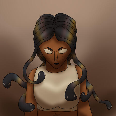 A dynamically shaded bust of a lady with snake hair viewed from straight on looking blindly towards the ground.