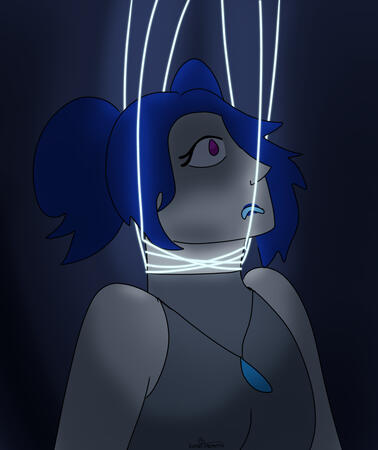 A dynamically shaded bust scene of a robot girl with blue pigtails. She has glowing strings wrapped around her neck as they pull her upward. She has a scared expression on her face