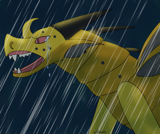 Dynamically shaded bust scene of a dragon screaming and crying in the rain