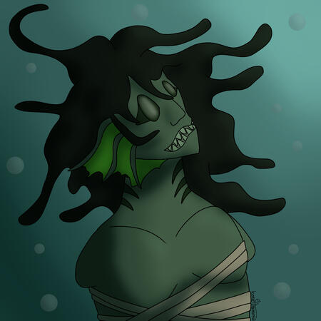 A dynamically shading bust scene of a humanoid sea creature with no arms staring to the right while their hair floats around them in the water