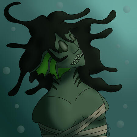 A dynamically shading bust scene of a humanoid sea creature with no arms staring to the right while their hair floats around them in the water A dynamically shading bust scene of a humanoid sea creature with no arms staring to the right while their hair floats around them in the water